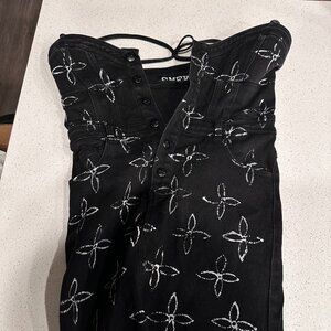 SMFK Plan U Collection Black Denim Floral Embroidery Mini Dress - Medium